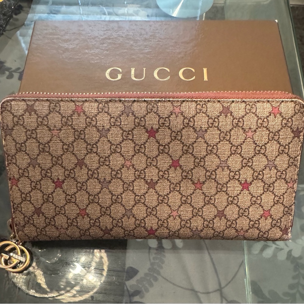 Gucci Supreme Star GG long wallet, zipper, leather & canvas
